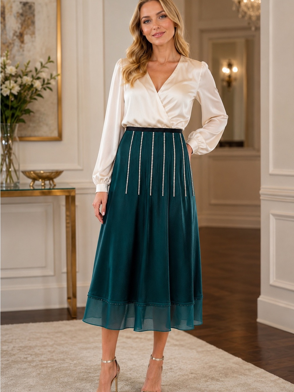 3.1 Phillip Lim Teal Midi Skirt with Vertical Bead Detailing
